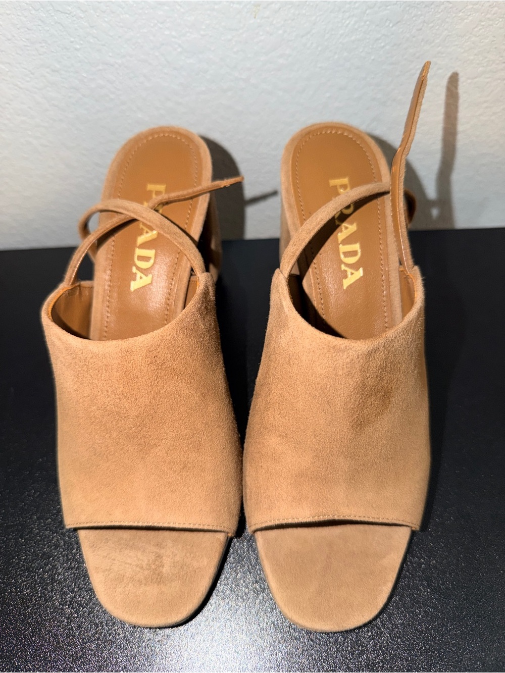 Prada Tan Suede Open-Toe Slingback Mules - size 36.5